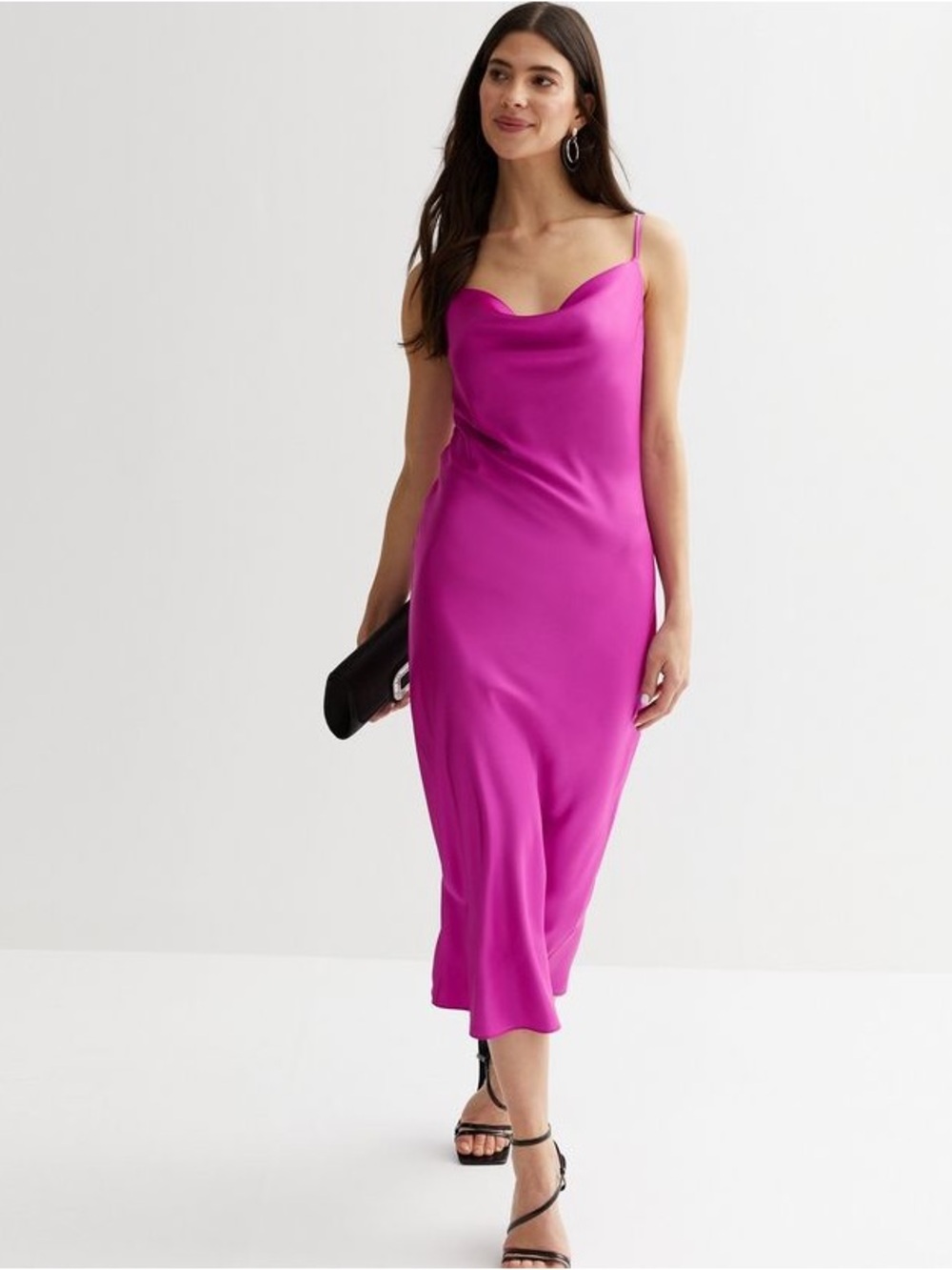 Paper Heart Fuchsia Cowl-Neck Slip Midi Dress with Spaghetti Straps